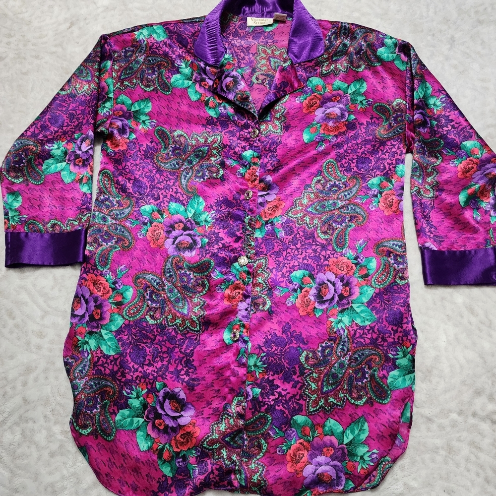 Victoria's Secret Vintage Gold Label Satin Floral paisley Sleep Shirt Size S - Picture 2 of 14